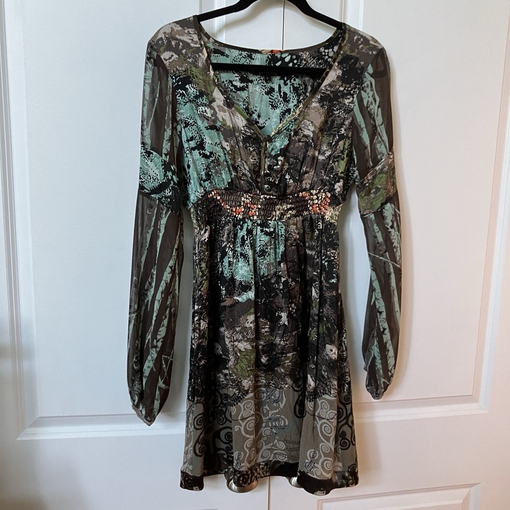 St Martins Musha Silk Blend Mixed Print Smocked‎ Mini Dress Womens Y2K